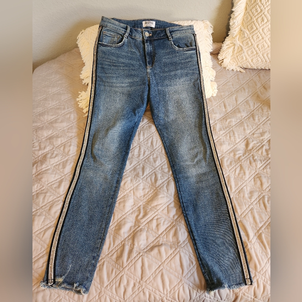 Zara Rhinestone Side Stripe Tuxedo Skinny Jeans Size 6 or 28